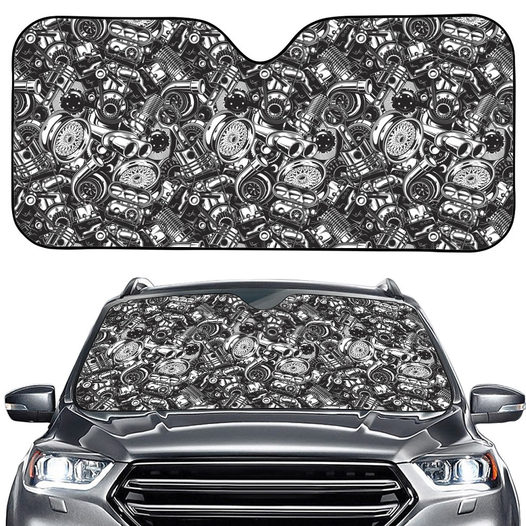 Black And White Mechanic Pattern Print Car Windshield Sun Shade