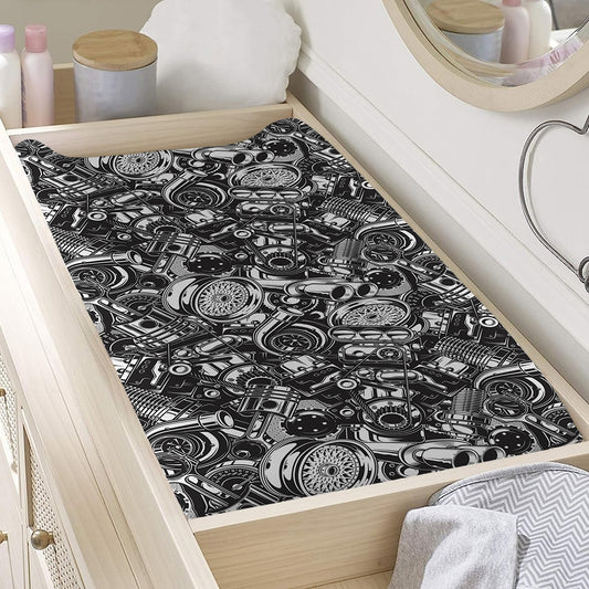 Black And White Mechanic Pattern Print Changing Pad Cover