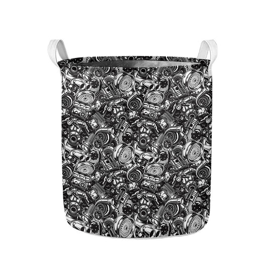 Black And White Mechanic Pattern Print Collapsible Laundry Basket