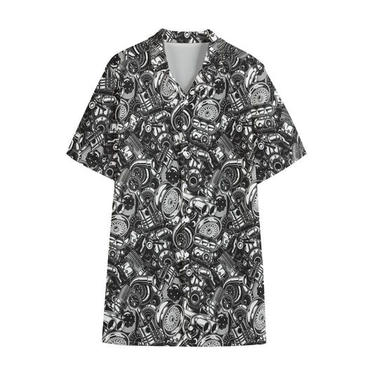 Black And White Mechanic Pattern Print Cotton Hawaiian Shirt