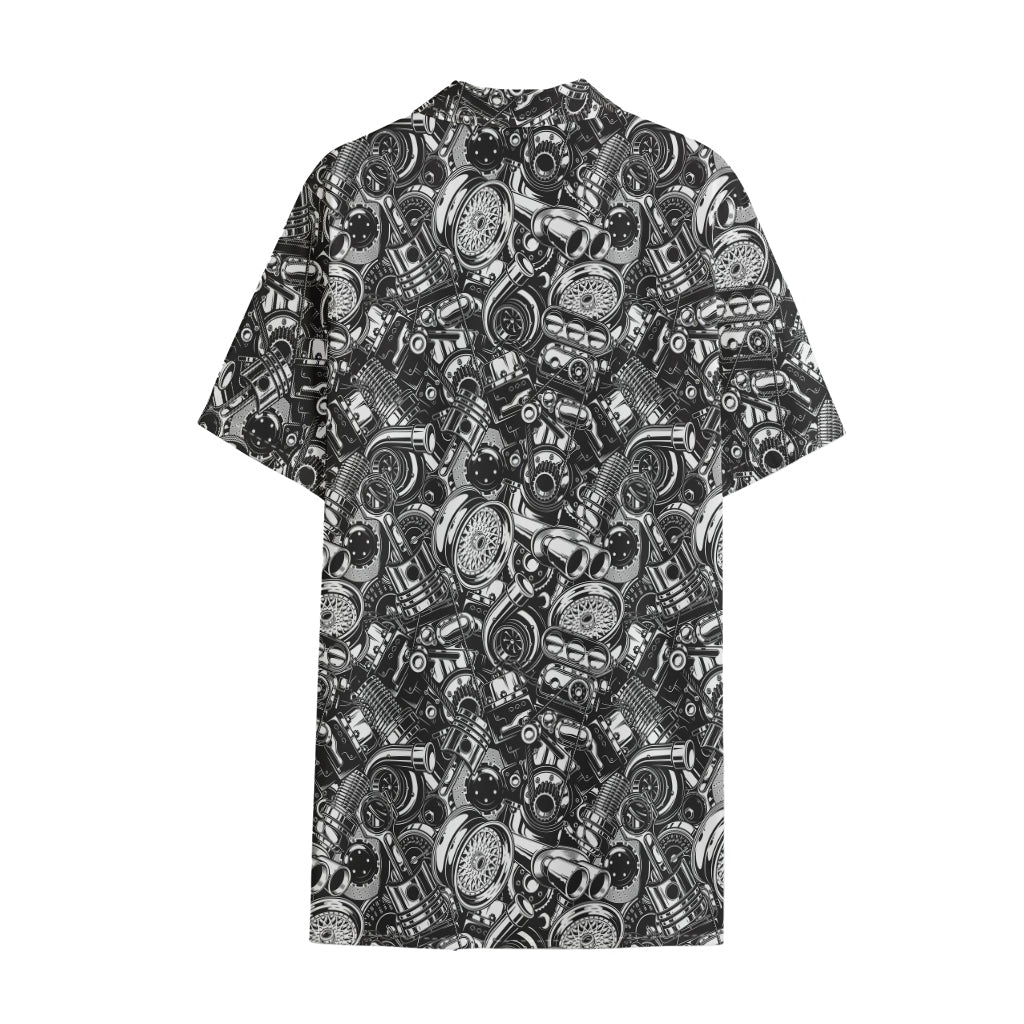 Black And White Mechanic Pattern Print Cotton Hawaiian Shirt