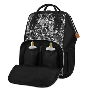 Black And White Mechanic Pattern Print Diaper Bag