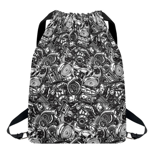 Black And White Mechanic Pattern Print Drawstring Backpack