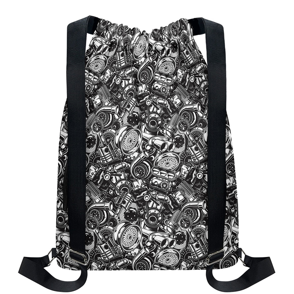 Black And White Mechanic Pattern Print Drawstring Backpack
