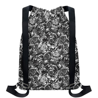 Black And White Mechanic Pattern Print Drawstring Backpack
