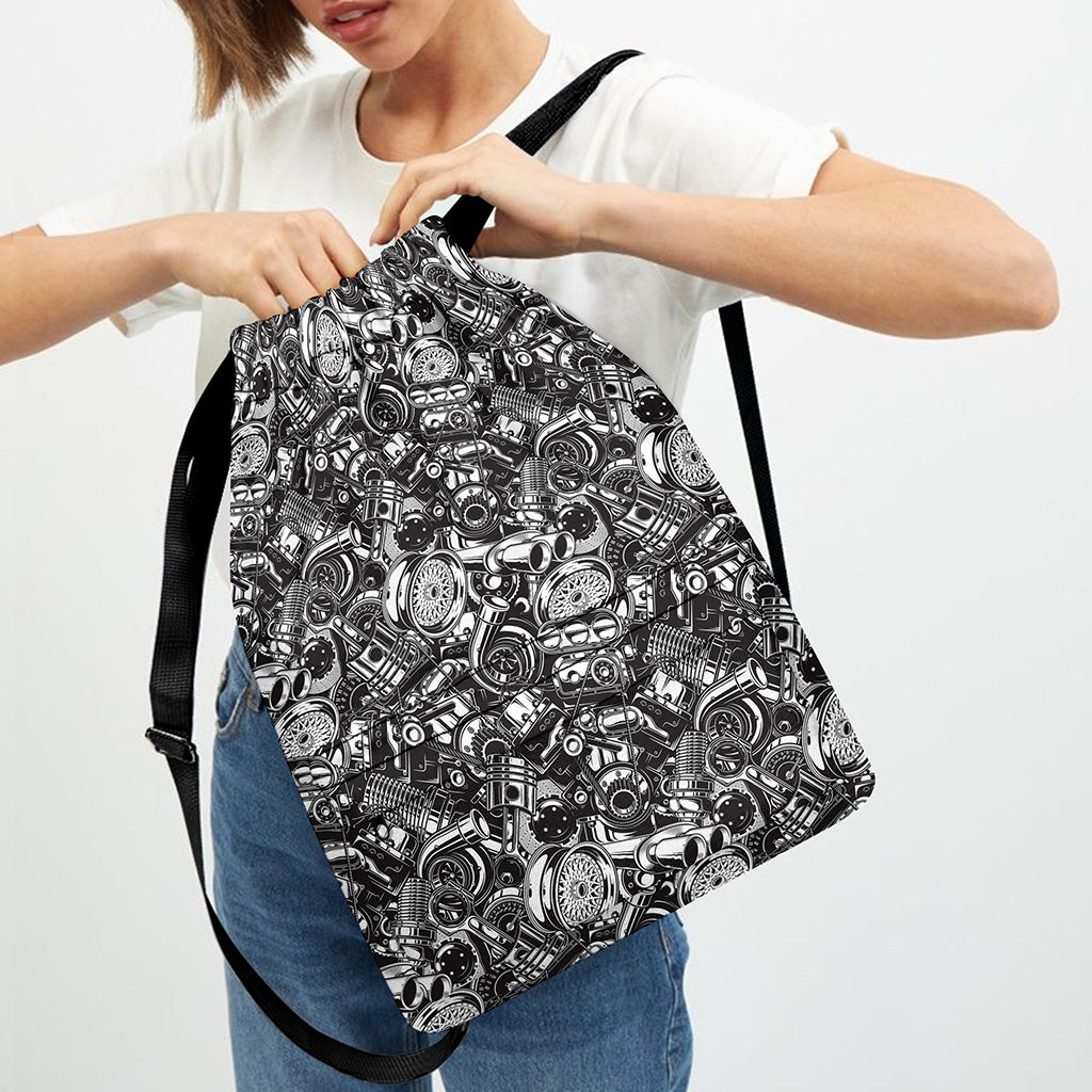 Black And White Mechanic Pattern Print Drawstring Backpack