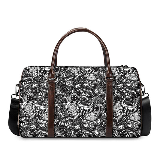 Black And White Mechanic Pattern Print Duffle Bag