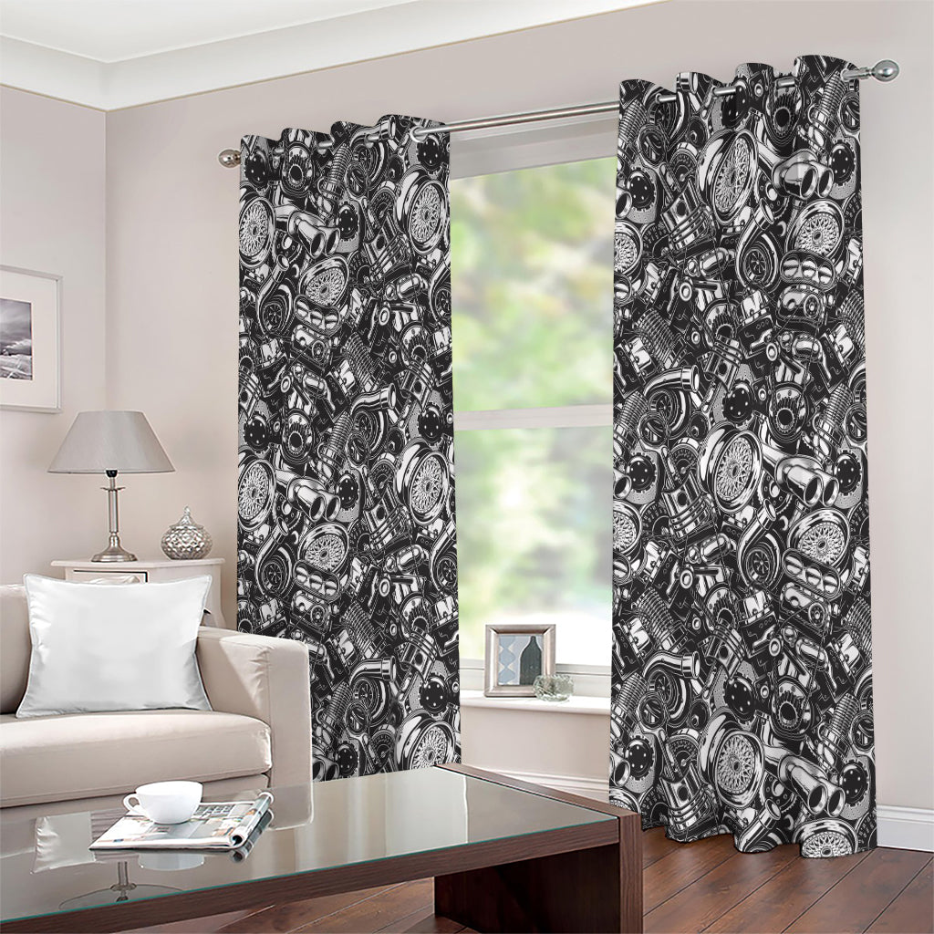 Black And White Mechanic Pattern Print Extra Wide Grommet Curtains