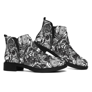 Black And White Mechanic Pattern Print Flat Ankle Boots