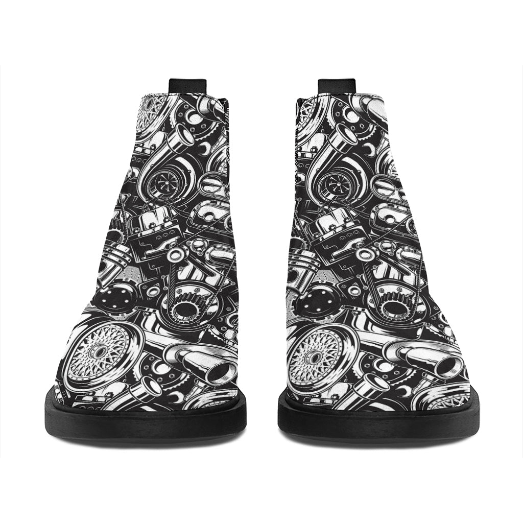 Black And White Mechanic Pattern Print Flat Ankle Boots