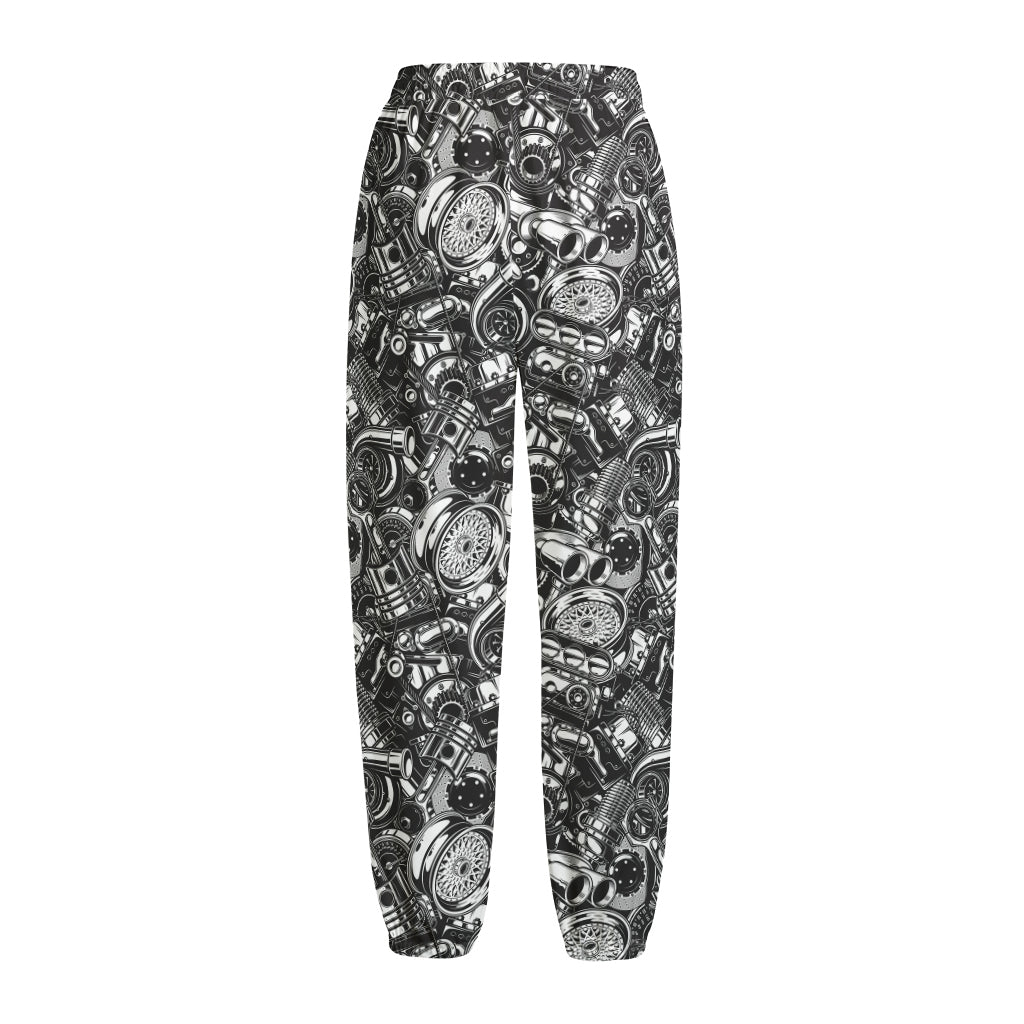 Black And White Mechanic Pattern Print Fleece Lined Knit Pants