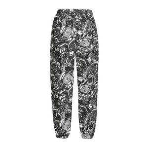 Black And White Mechanic Pattern Print Fleece Lined Knit Pants