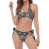 Black And White Mechanic Pattern Print Halter Scoop Tie Side Bikini