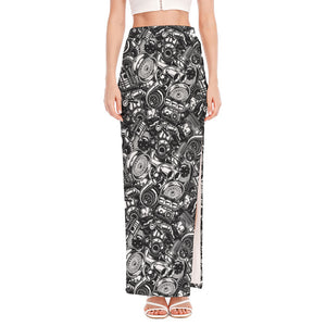 Black And White Mechanic Pattern Print High Slit Maxi Skirt