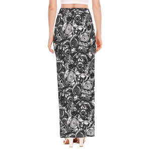 Black And White Mechanic Pattern Print High Slit Maxi Skirt