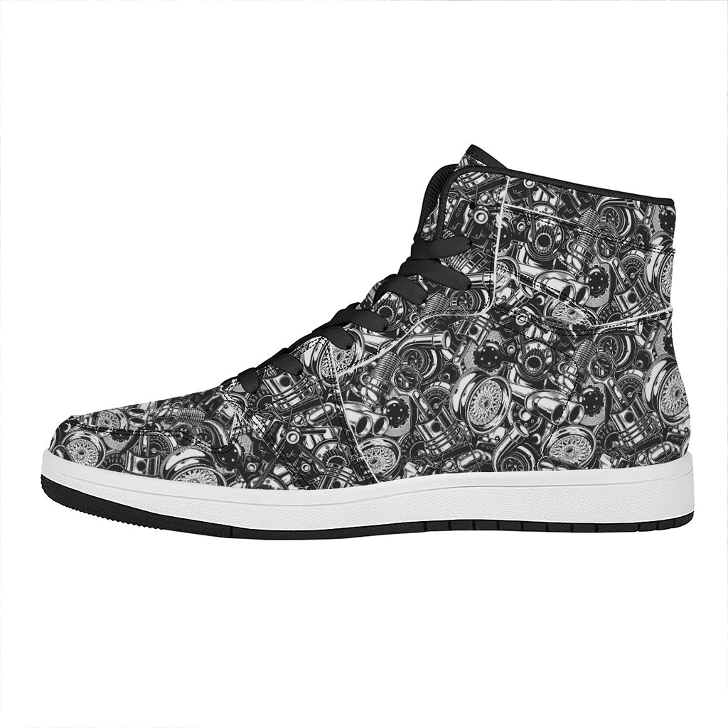 Black And White Mechanic Pattern Print High Top Leather Sneakers