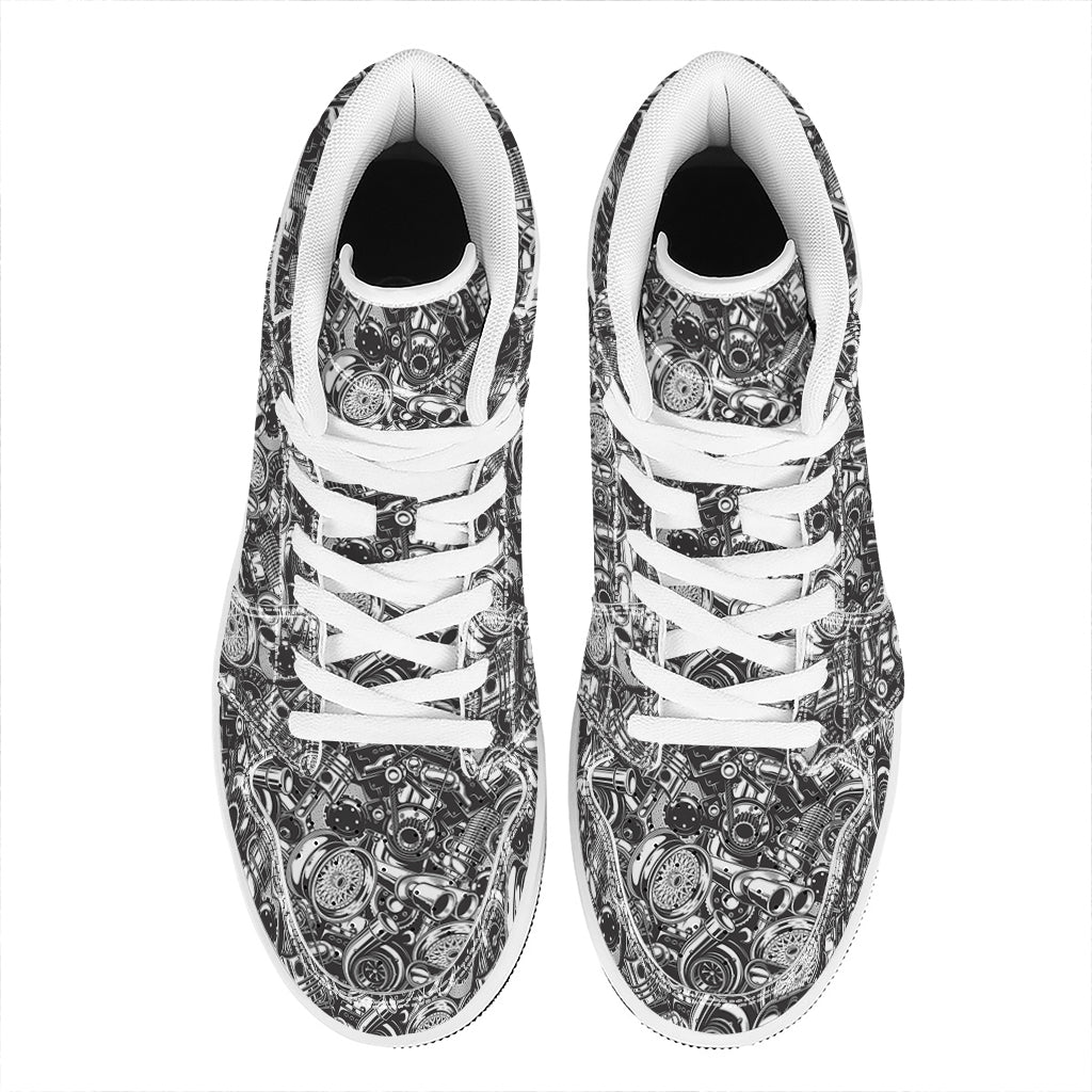 Black And White Mechanic Pattern Print High Top Leather Sneakers