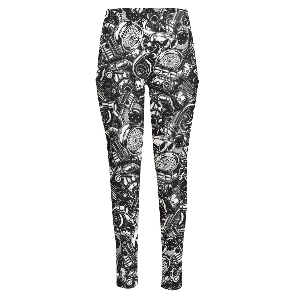 Black And White Mechanic Pattern Print High-Waisted Pocket Leggings