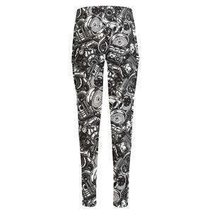 Black And White Mechanic Pattern Print High-Waisted Pocket Leggings