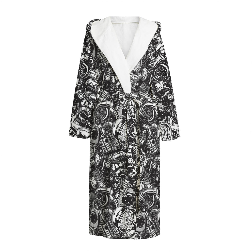 Black And White Mechanic Pattern Print Hooded Bathrobe