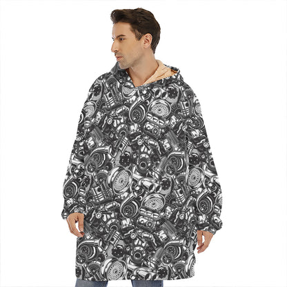 Black And White Mechanic Pattern Print Hoodie Blanket