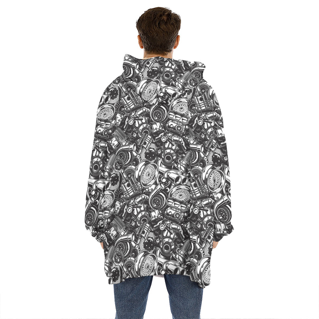 Black And White Mechanic Pattern Print Hoodie Blanket