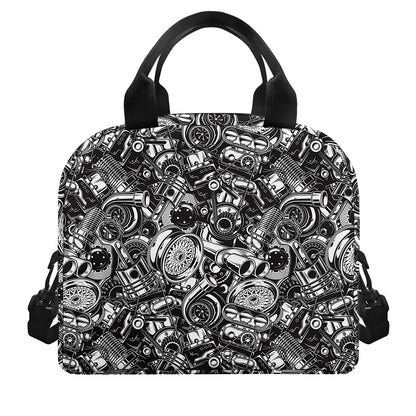 Black And White Mechanic Pattern Print Insulated Lunch Bag
