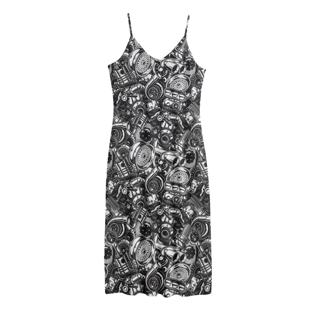 Black And White Mechanic Pattern Print Jersey Midi Cami Dress