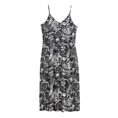 Black And White Mechanic Pattern Print Jersey Midi Cami Dress