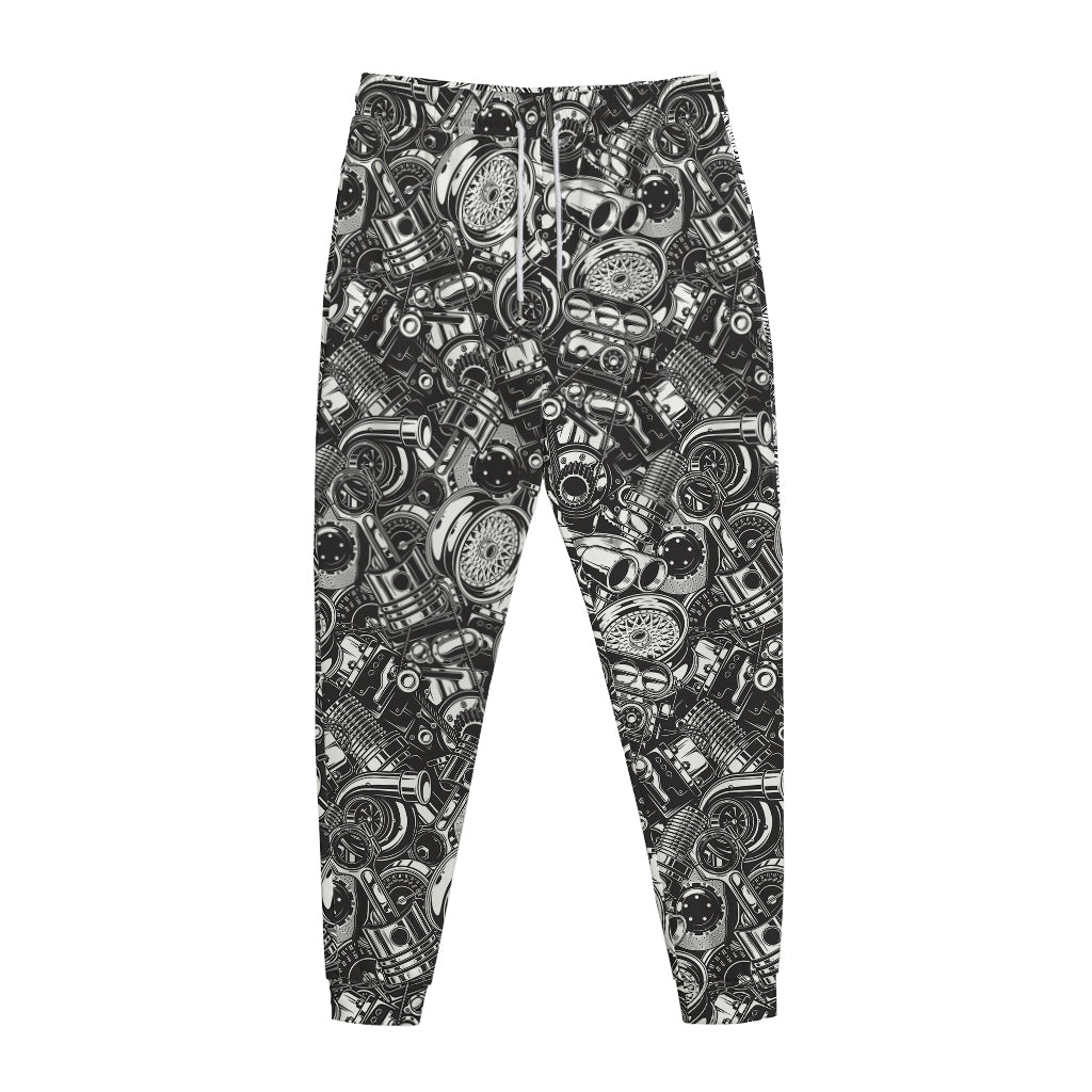 Black And White Mechanic Pattern Print Jogger Pants