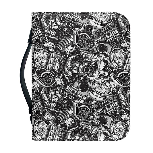 Black And White Mechanic Pattern Print Leather Bible Cover