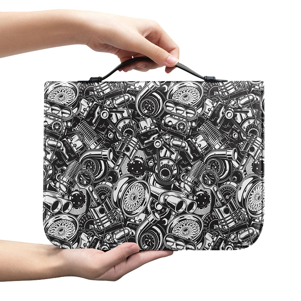 Black And White Mechanic Pattern Print Leather Bible Cover