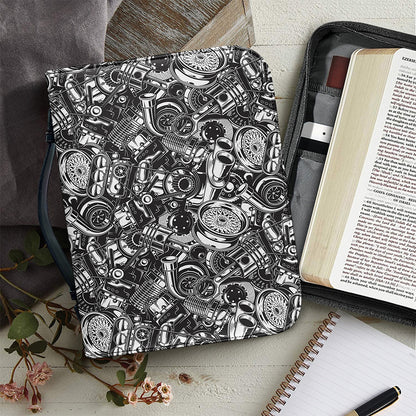 Black And White Mechanic Pattern Print Leather Bible Cover