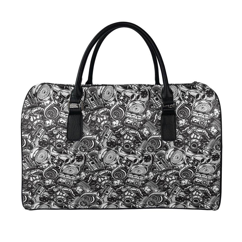Black And White Mechanic Pattern Print Leather Duffle Bag