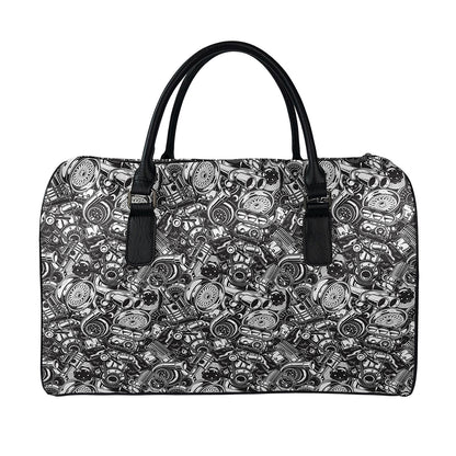 Black And White Mechanic Pattern Print Leather Duffle Bag