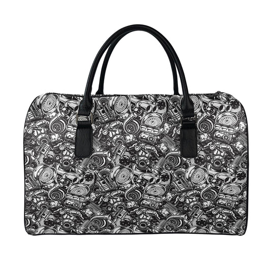 Black And White Mechanic Pattern Print Leather Duffle Bag
