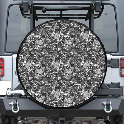 Black And White Mechanic Pattern Print Leather Spare Tire Cover