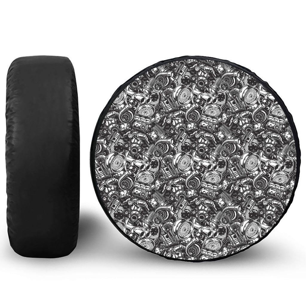 Black And White Mechanic Pattern Print Leather Spare Tire Cover