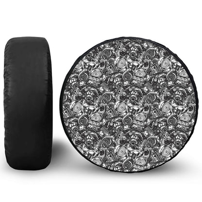 Black And White Mechanic Pattern Print Leather Spare Tire Cover