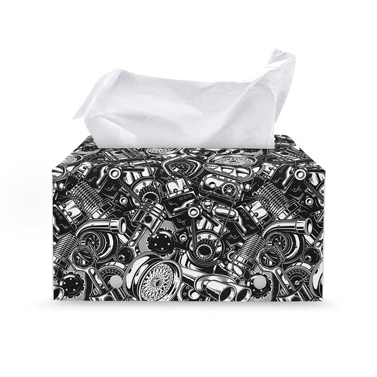 Black And White Mechanic Pattern Print Leather Tissue Box Cover