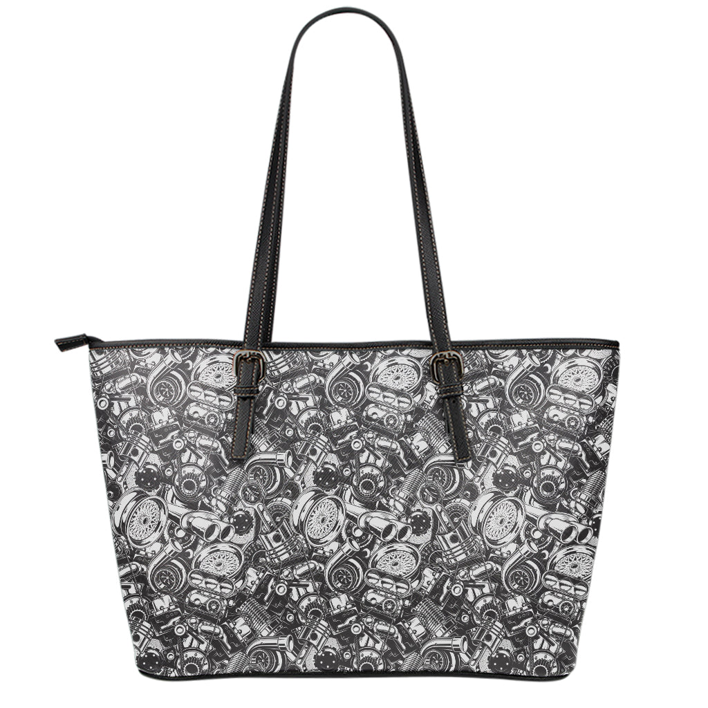 Black And White Mechanic Pattern Print Leather Tote Bag