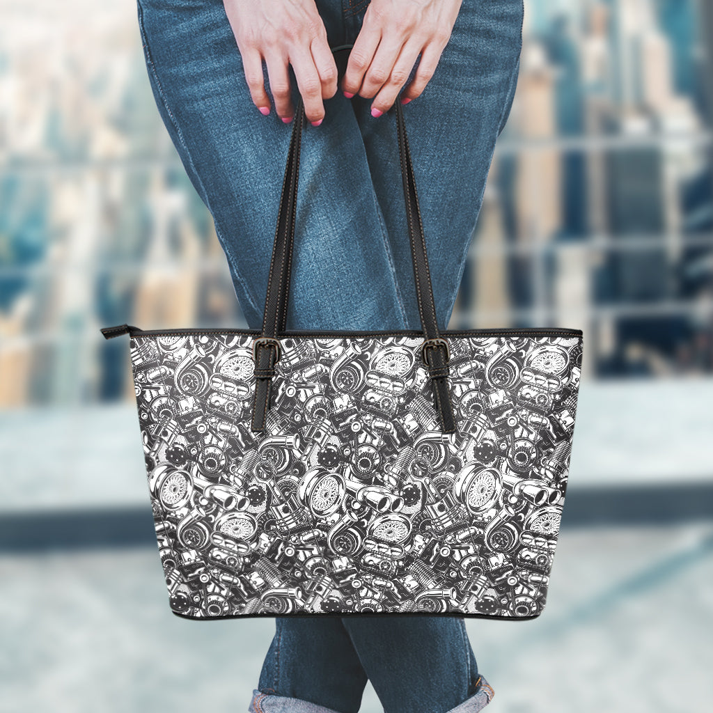 Black And White Mechanic Pattern Print Leather Tote Bag