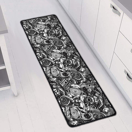 Black And White Mechanic Pattern Print Long Kitchen Mat