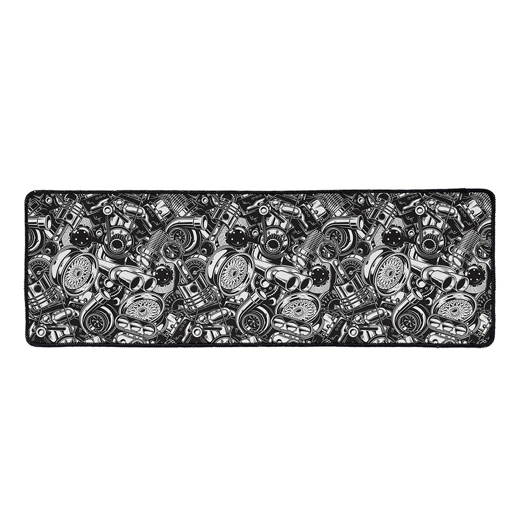 Black And White Mechanic Pattern Print Long Kitchen Mat