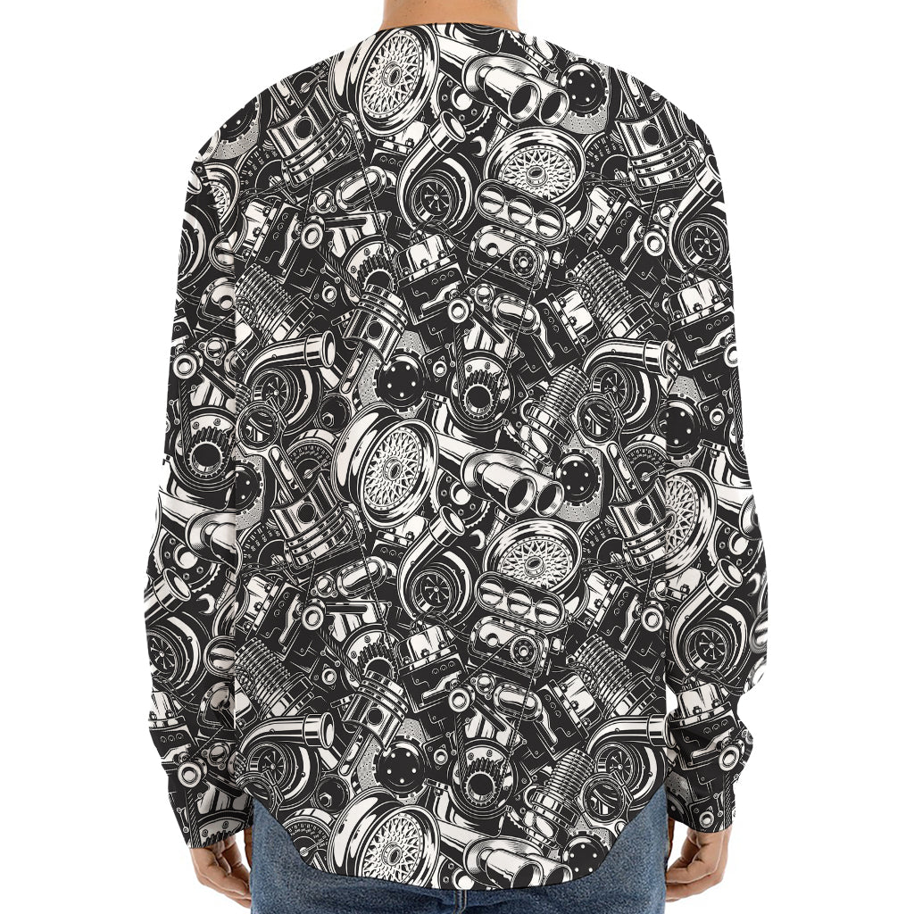 Black And White Mechanic Pattern Print Long Sleeve Baseball Jersey