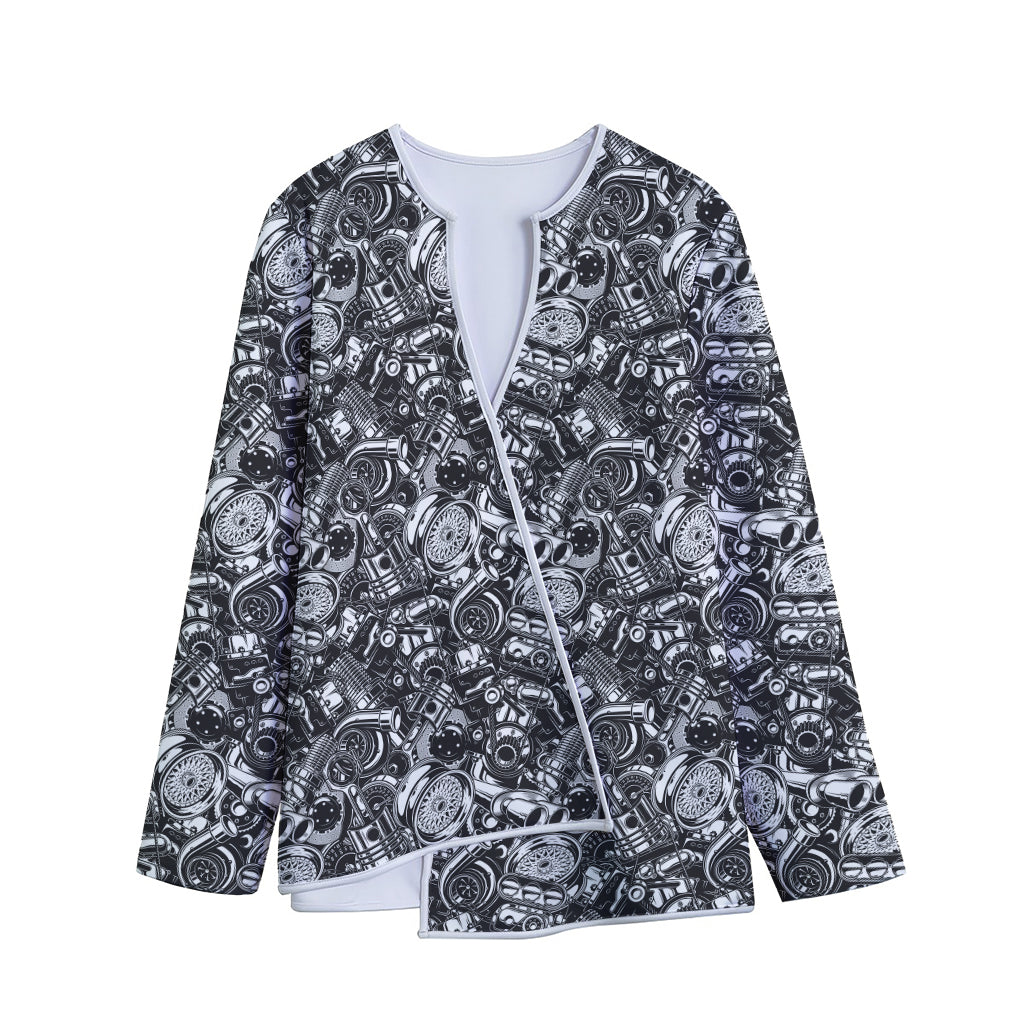 Black And White Mechanic Pattern Print Long Sleeve Short Coat