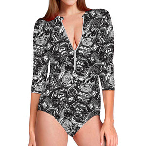 Black And White Mechanic Pattern Print Long Sleeve Swimsuit