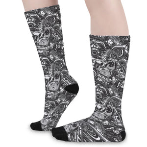 Black And White Mechanic Pattern Print Long Socks