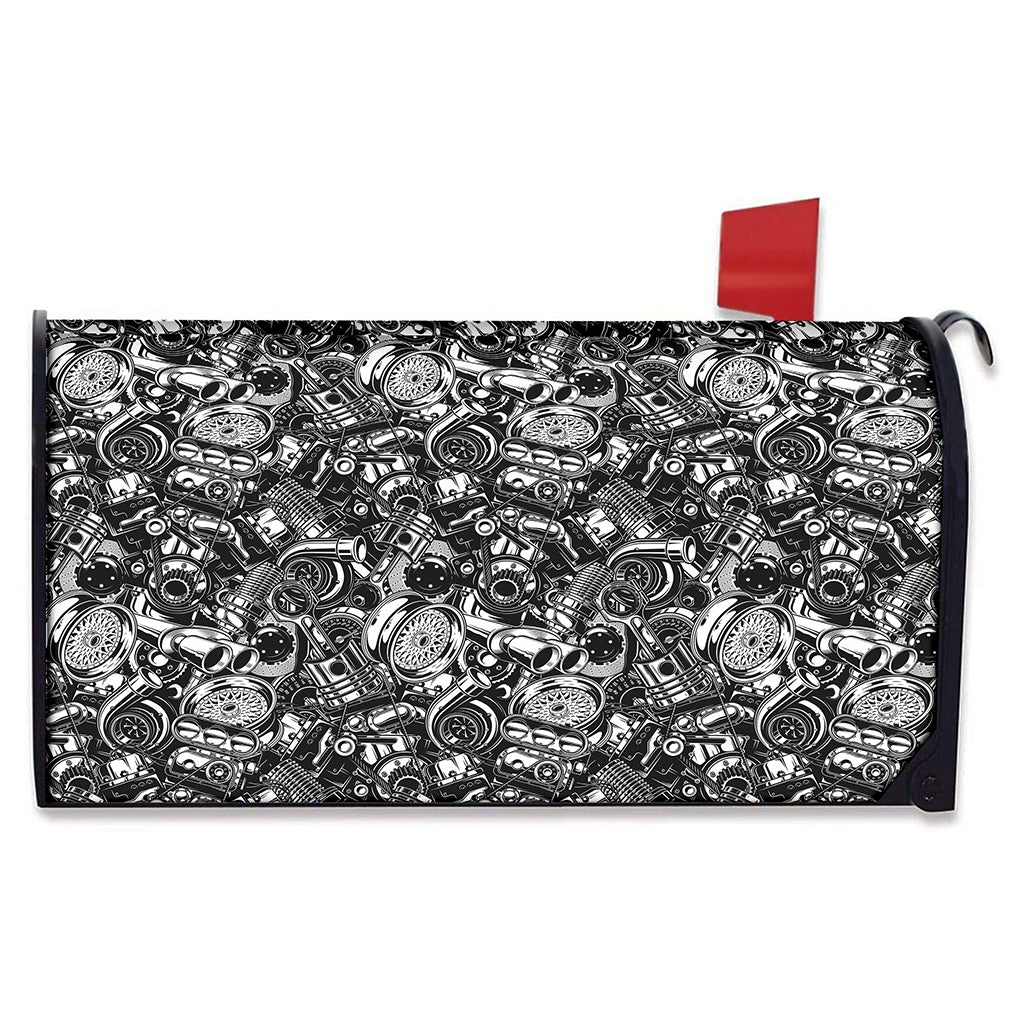 Black And White Mechanic Pattern Print Mailbox Cover