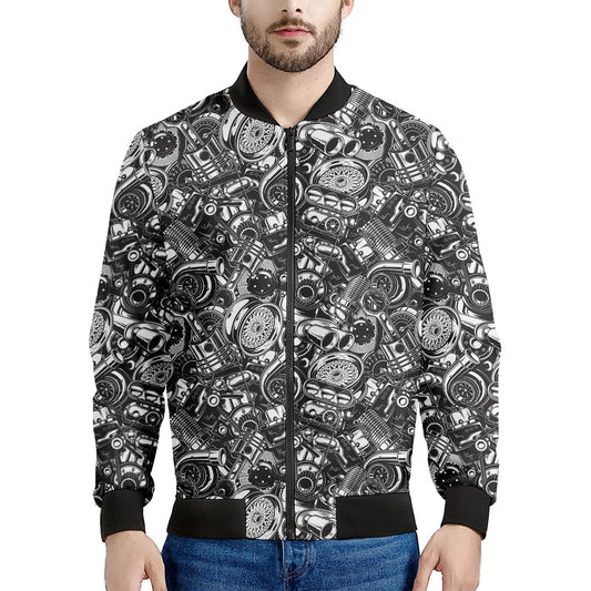 Black And White Mechanic Pattern Print Men's Bomber Jacket